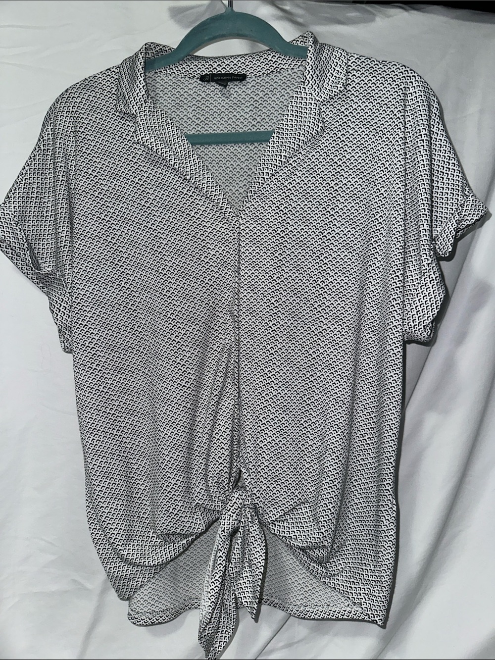Adrianna Papell Black and White Geo Tie-Front Blouse